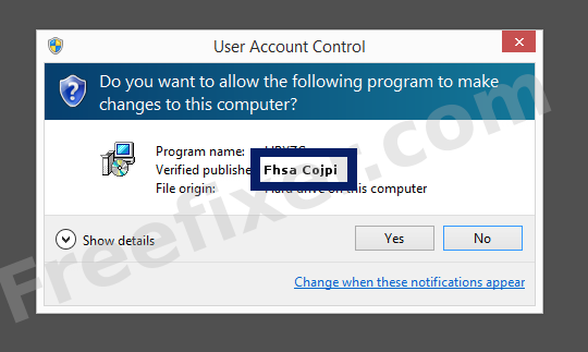 Screenshot where Fhsa Cojpi appears as the verified publisher in the UAC dialog